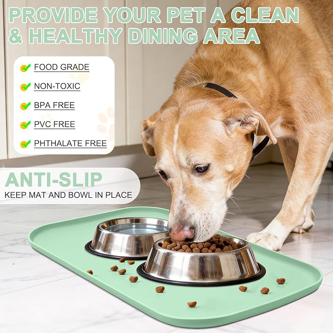 SMILOOL Waterproof Silicone Pet Food Mat with Raised Edge for Dog & Cat | 24" x 16" Non-Slip Pet Feeding Mats with Lip for Food & Water Bowl, Food Grade, Easy Cleaning, Mint Green