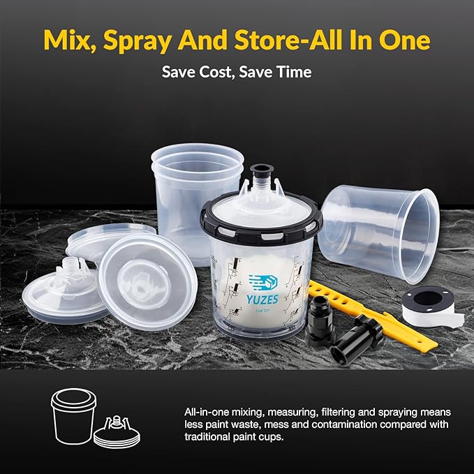 YUZES Disposable Paint Cups for Spray Gun, 20 oz 40-Pack 125-Micron Kit | 40 Paint Cup Liners & 125-Micron Lids, 2 Hard Cups & 2 Adapters for HVLP/LVLP Spray Gun 360° Spray & Less Cleanup