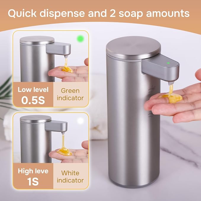 Automatic Soap Dispenser Stainless Steel with Sensor Infrared Soap Dispenser Electric IPX5 Waterproof USB-C Charging Motion Sensor for Kitchen & Bathroom, 9oz (Silver)