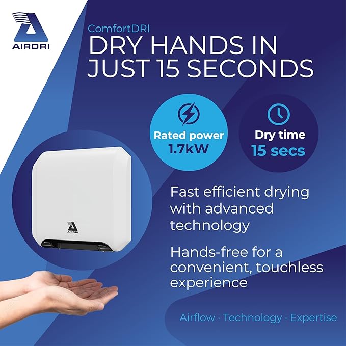 ComfortDRI Automatic Warm Air Hand Dryer - 1.7kW Low Noise Motor - 15-Second Dry Time - 67dBA Noise Output - ADA Compliant - Ideal for Small Workplaces - White