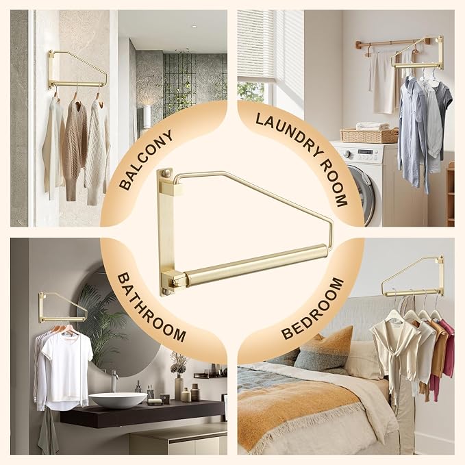 Folding Clothes Hanger Gold Brushed Drying Clothes Rack Wall-Mounted Space Saver for Laundry Room Closet, Brass, 12 Inch