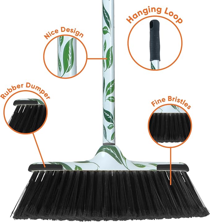 Superio Leaf Design Sweeping Broom for Home & Kitchen, Horsehair Bristle Push Broom with 48-Inch Wooden Handle, Indoor & Outdoor Floor Cleaner for Hardwood, Tile, Granite, Parquet, Pack of 2