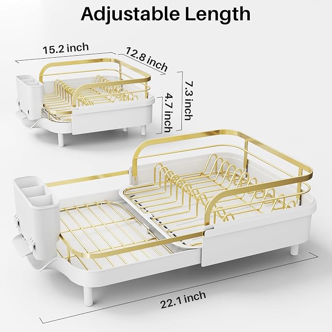 SNTD Dish Drying Rack, Expandable Dish Rack for Kitchen Counter, Stainless Steel Dish Drainer with Drainboard Set and Utensil Holder (Gold)