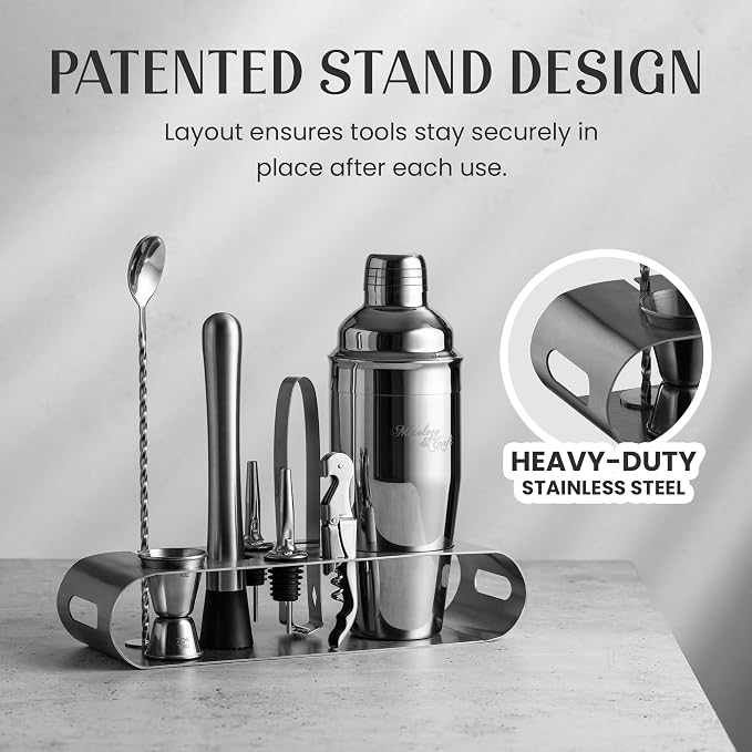 Mixology & Craft Cocktail Shaker Set: Complete Bartender Kit with Metal Stand and Bar Cart Accessories | Includes Exclusive Recipe Cards | Built to Last | Leak-Proof Design