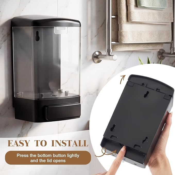 Hushee 6 Pcs Plastic Wall Mounted Soap Dispenser Commercial Manual Soap Containers Wall Dispenser for Kitchen Shower Hotel Liquid Shampoo Gel Chamber (33.8 oz 1000 ml,Black and Clear)