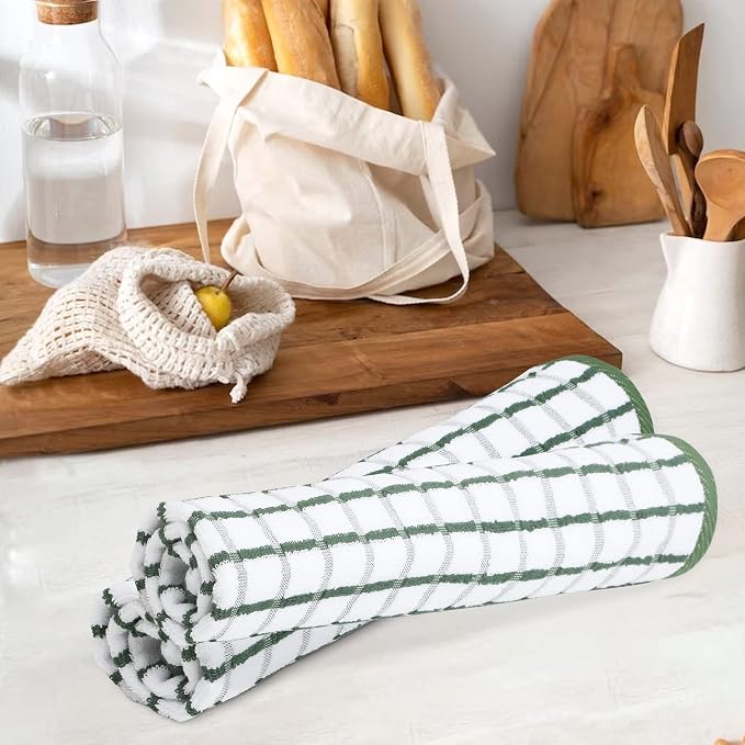 Urban Villa Kitchen Towels Cotton Dish Towels 20”x30” (Set of 3) Green Wht