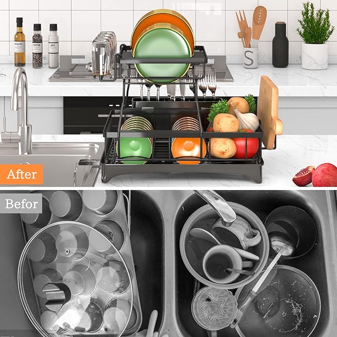 Godboat 2-Tier Dish Drying Rack - Dish Rack with Auto Drain-to-Sink & Mat | Dish Racks for Kitchen Counter, Dish Drainer with Knife Fork & Cup Rack, Gifts for Women, Mothers Day, Kitchen Gadgets, Black