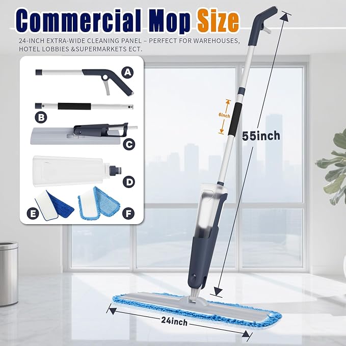 24" Dry mops for Floor Cleaning, Microfiber mop Spray System, Commercial Heavy-Duty Wet mops with 28oz Big Tank, 2 Washable Pads (Commercial Blue, 24inch-1Pack)