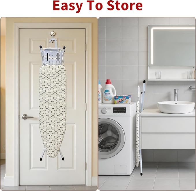 Ironing Board, 43"×13" with Iron Rest, Clothes Shelf & 7 Adjustable Height | Iron Board with Bulit-in Hook and Hanger Bar, 4 Layer Heat Resistant Cover and Pad for Home Apartment Laundry, Hexagon White