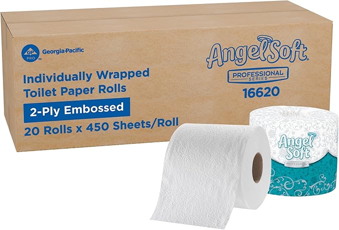 Angel Soft Professional Series by Georgia-Pacific PRO 2-Ply Embossed Toilet Paper, White, Individually Wrapped, 450 Sheets Per Roll, 20 Toilet Tissue Rolls Per Case, 16620