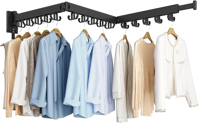 Kelisiting Clothes Drying Rack, Wall Mounted Laundry Drying Rack, Upgrade 3-Fold Foldable Collapsible Retractable Clothing Drying Rack with 12 Dual Hooks Organization for Laundry Room Indoor- Black
