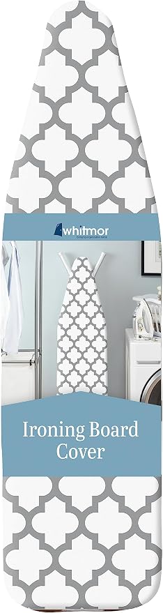 Whitmor Deluxe Ironing Board Cover with 6mm Fiber Pad, Fits 15 x 54 In | 88gsm cover, 6mm fiber pad, 190T elastic fit, scorch-resistant finish, medallion gray pattern.