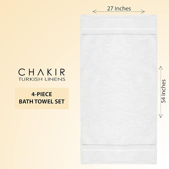 Chakir Turkish Linens 4 Piece Large Bath Towels, 100% Cotton Turkish Towels for Bathroom, Luxury Soft Absorbent Bath Towel Set, 27 x 54 Inches, White