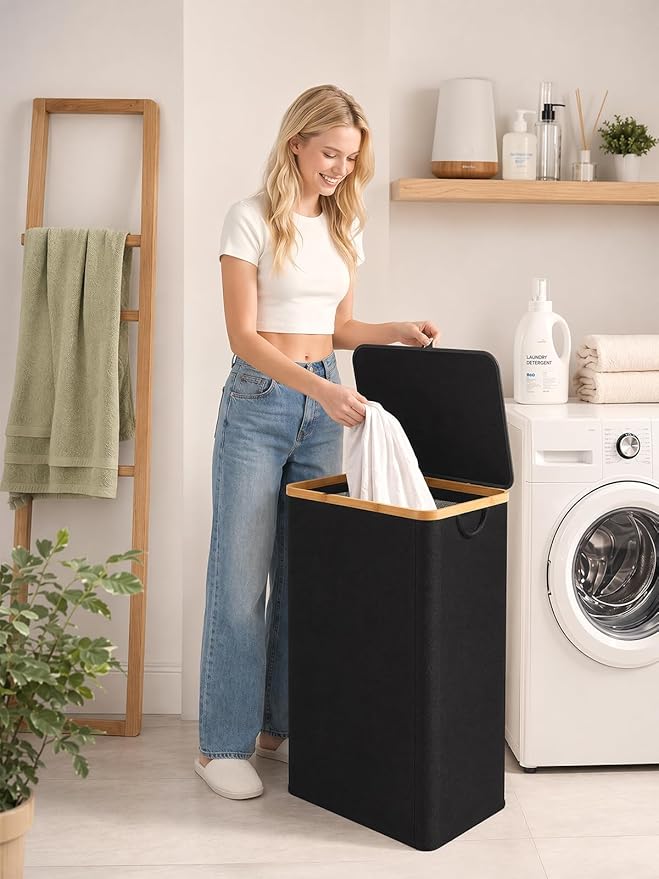 iEGrow Laundry Hamper with Lid, 110L Large Laundry Basket with Handle, Collapsible Clothes Basket Organizer with Removable 2 Inner Bag for Clothes Towels - Black