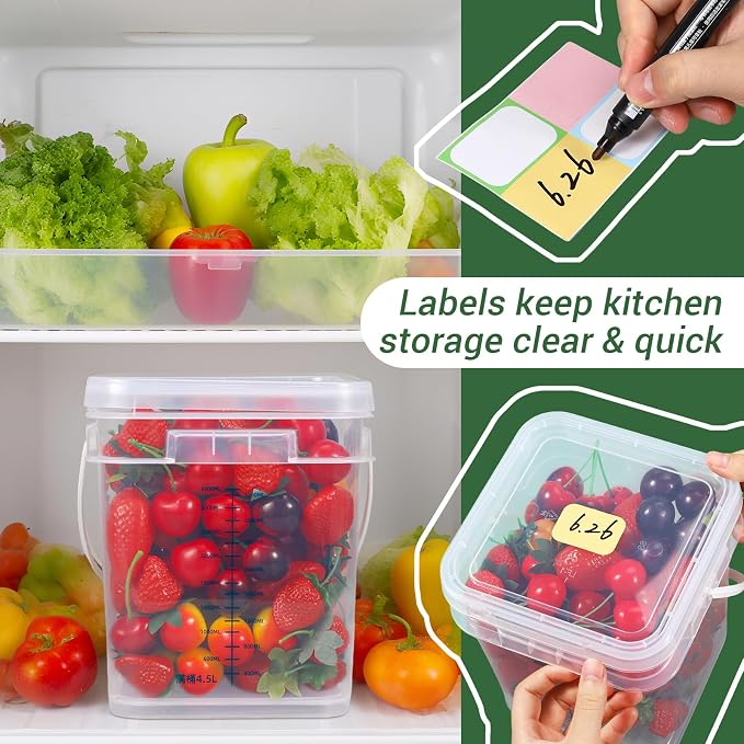 1 Gallon Food Storage Buckets with Lids, 4 Pack Square Clear BPA Free Plastic Containers with Handles and Labels for Pantry, Dry Goods, Meal Prep and Freezer