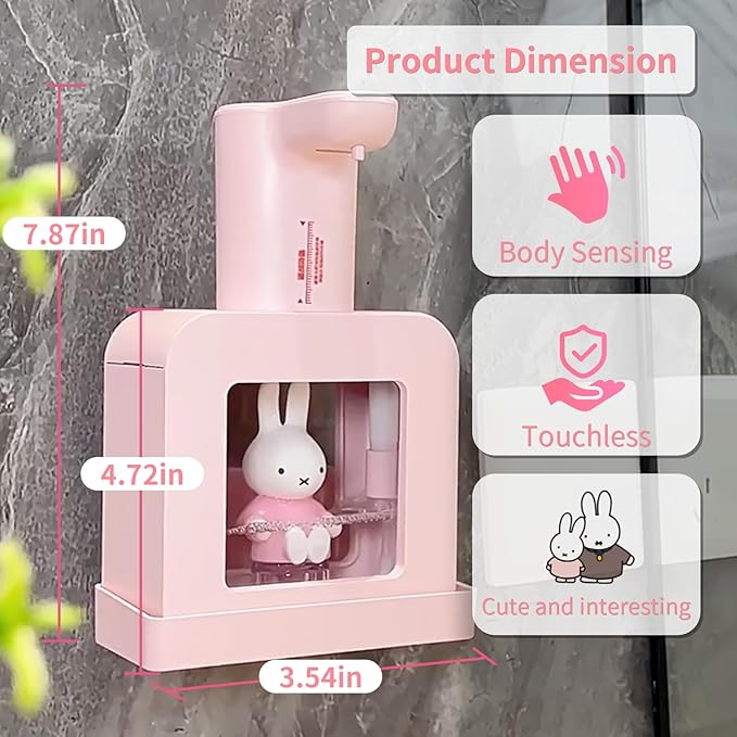 Mipow x Miffy Automatic Soap Dispenser Touchless - 3 Adjustable Foam Levels Smart Sensor, Hand Soap Dispenser for Bathroom Kitchen Home Office, Pink - Gifts for Girls