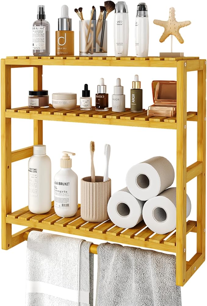 Galood Over The Toilet Storage Bathroom Shelves Wall Mounted 3 Tier Space Saver Corner Shelf Organizer Bamboo Towel Rack Toilet Paper Cabinet with Hanging Rod Yellow