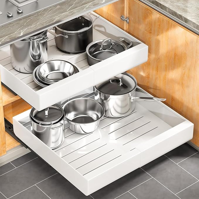 Kitstorack Pull out Cabinet Organizer, Expandable(12"-20") Heavy Duty Slide out Drawers Fixed with Adhesive Nano Film for Pots, Roll out Shelf Storage for Kitchen Base Cabinet Organization(White)