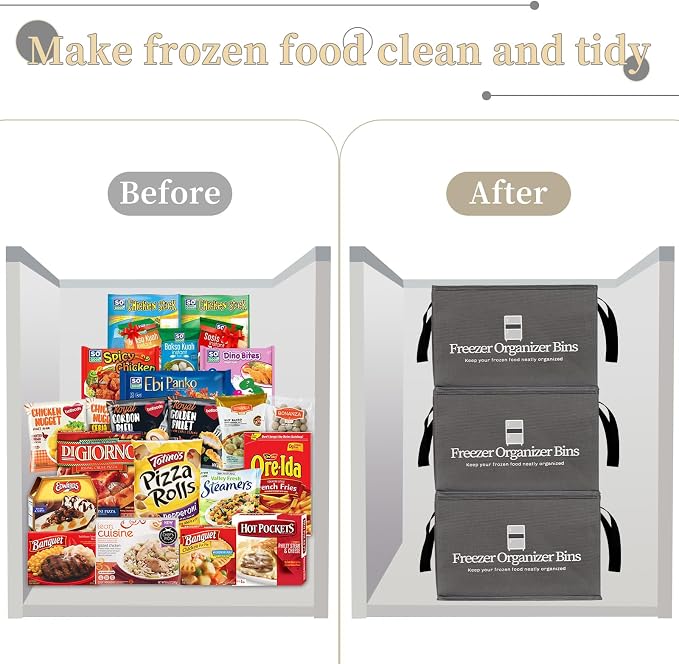 Flenpptly Freezer Organizer Bins, 2 Pack Freezer Storage Bins, Dark Grey | 15"x14"x9" Collapsible Deep Freezer Organizer Bins with Removable Dividers, Handles