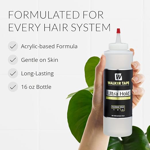 Walker Tape Ultra Hold Brush-On Adhesive 16 oz, Waterproof Wig Glue for Lace Systems and Tape in Hair Extensions Human Hair, Strong Clear-Drying Liquid Adhesive for Hairpiece Bonding and Maximum Wear
