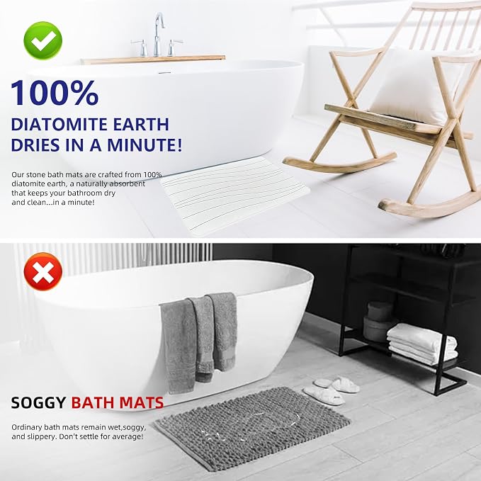 Fast Drying Stone Bath Mats for Bathroom, Non-Slip Diatomaceous Earth Bath Mat, Super Absorbent Bath Mat Stone (23.6''×15.4" White Flow)