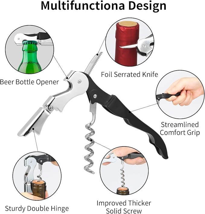 4 PCS Waiter Corkscrew Wine Opener,2.47 oz Heavy Duty Wine Keys | 70g (2.47 oz) Wine Bottle Opener,Stainless Steel Double Hinged Wine Key for Serves,Bartenders (Black)