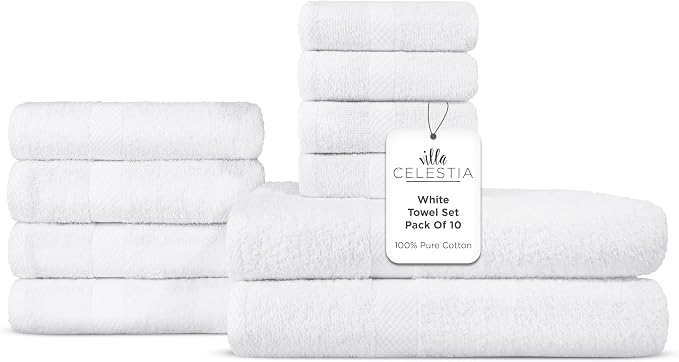 Villa Celestia 10-Piece 100% Cotton Towel Set, 2 Bath Towels, 4 Hand Towels, 4 Wash Cloth, Quick-Dry, White