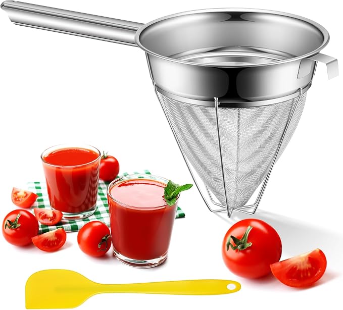SiliFine Stainless Steel Reinforced Bouillon Sieve Strainer Cone Fine Mesh Strainer with Handle and Rubber Pestle for Kitchen Food Cooking(8 Inch)
