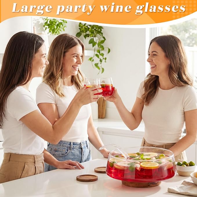 1.2 Gallon Glass Punch Bowl Set with Ladle, Clear Glass | Acacia Wood Base, Smooth Glass Finish, Elegant Centerpiece, Ideal for Holiday, Wedding, Parties & Gatherings