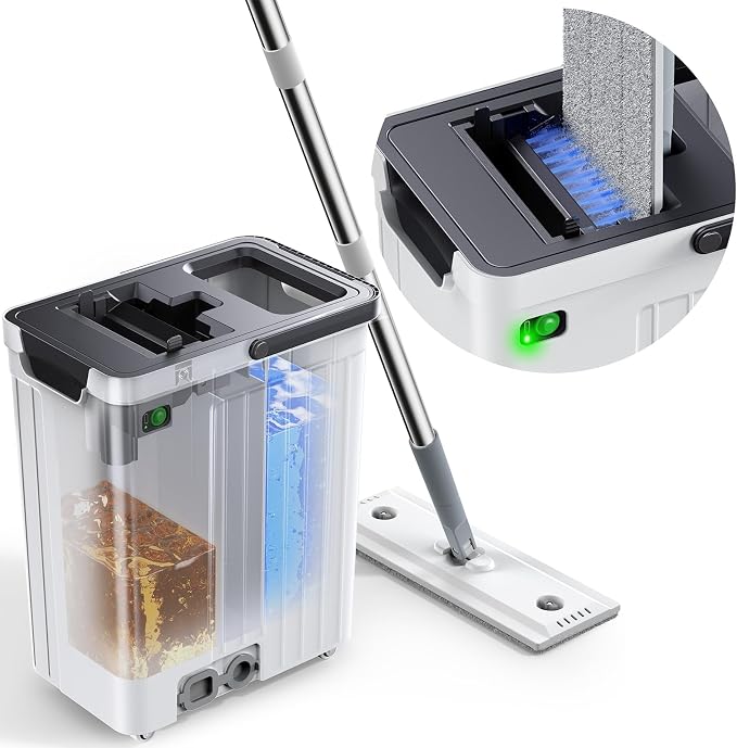 Mop and Bucket Set | Auto-Spray Cleaning | Dirty Water Separation Keep Water Fresh | Flat Mop & Bucket with Wringer | 3x Washable Pads | High-efficiency Cleaning for All Floors Tile Wall Window