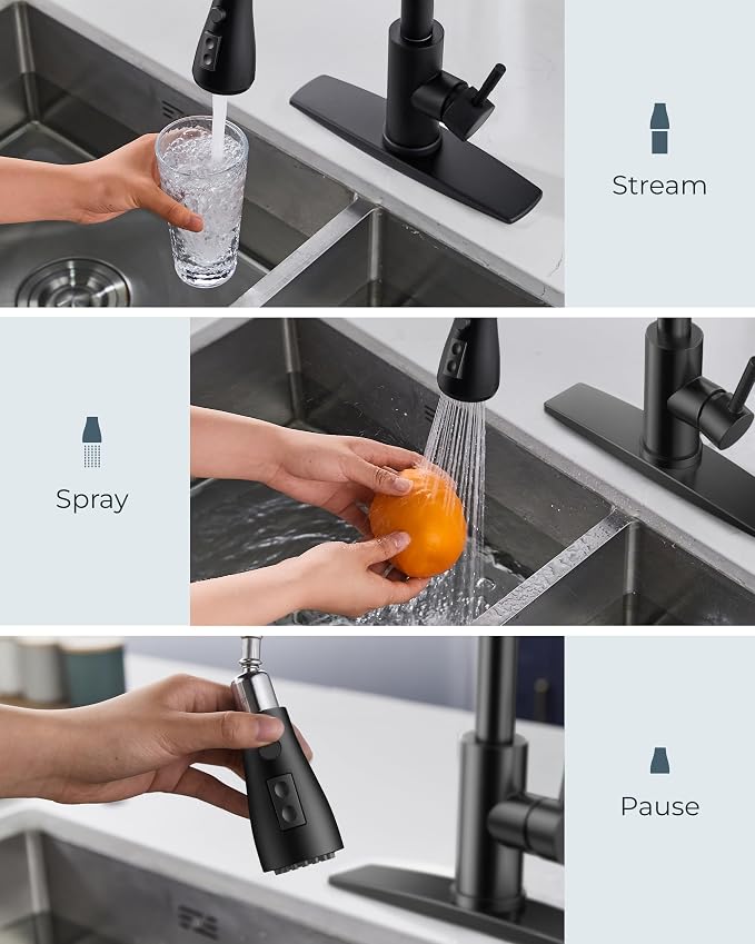 FORIOUS Black Kitchen Faucet with Pull Down Sprayer, Bar High Arc Single Handle Traditional 3 Modes Stainless Steel Faucet for Kitchen Sink Farmhouse RV Laundry Camper