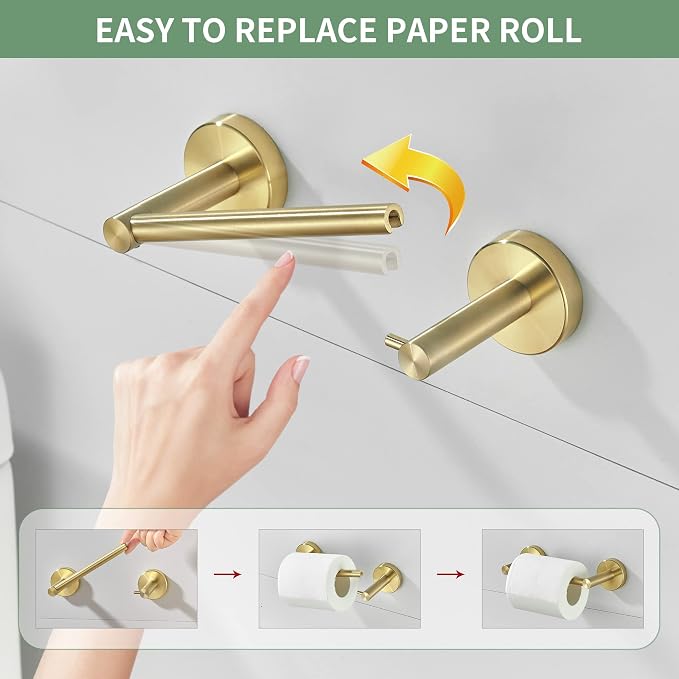 Gold Bathroom Hardware Set, Brushed Gold Toilet Paper Holder Towel Ring 2 Robe Hooks Wall Mount Hand Towel Holder Bath Accessories Stainless Steel, 4 Pieces