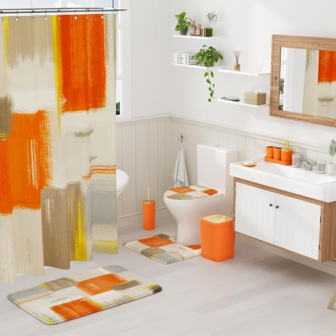 XLHOMO Bathroom Accessories Set - 25PC Bathroom Set with Shower Curtain and Rugs, Orange Bathroom Set, Bathroom Accessory Set with Press-on Lid Trash Can, Soap Dispenser and Qtip Holders for Home
