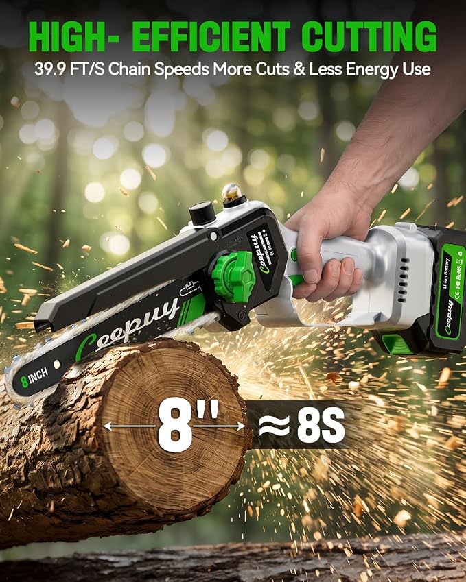 CEEPUY 8 Inch Brushless Mini Chainsaw with 2×4000mAh Batteries, Battery Powered Handheld Electric Chainsaw with Automatic Oiler/Safety Lock, Ideal for Tree Pruning, Branch Trimming & Wood Cutting
