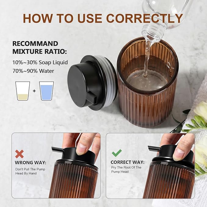 KASUNTING Foaming Soap Dispenser, Amber Glass Foam Hand Soap Dispenser for Bathroom, 11 Fl Oz Ribbed Refillable Foaming Pump Bottle with Black Pump, Modern Dish Soap Foam Dispenser