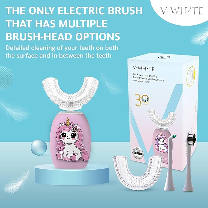 V-WHITE Kids Auto Brush Ultrasonic U-Shaped Toothbrush – 360° Teeth Cleaning, Hands-Free Electric Autobrush for Kids – Gum Protection, Waterproof IPX7, Wireless Charging (Pink)