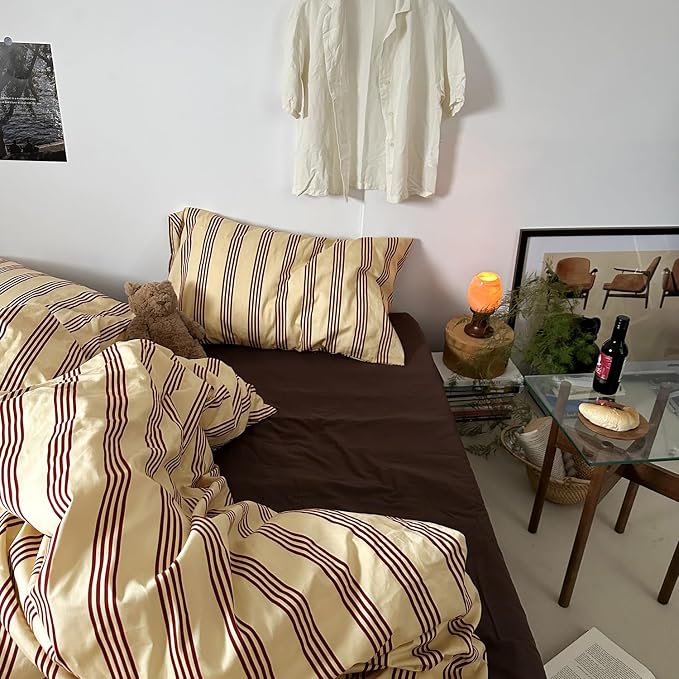 mixinni Retro Striped Duvet Cover Set Queen - 100% Natural Cotton 3-Piece Vintage Red Stripes Pattern Printed Bedding Set, Soft Breathable Comforter Cover with Zipper Closure & Corner Ties, Queen Size