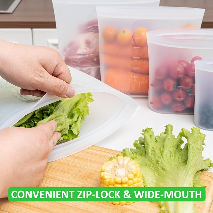 Premium Silicone Reusable Food Bags, Family Storage Set, 10 Pack, 100% Platinum Silicone Food Storage Bag Stand-Up Wide-Mouth Zip-Lock, Microwave Dishwasher Safe, 2XL/2L/2M/2S/2XS, Crystal-Clear