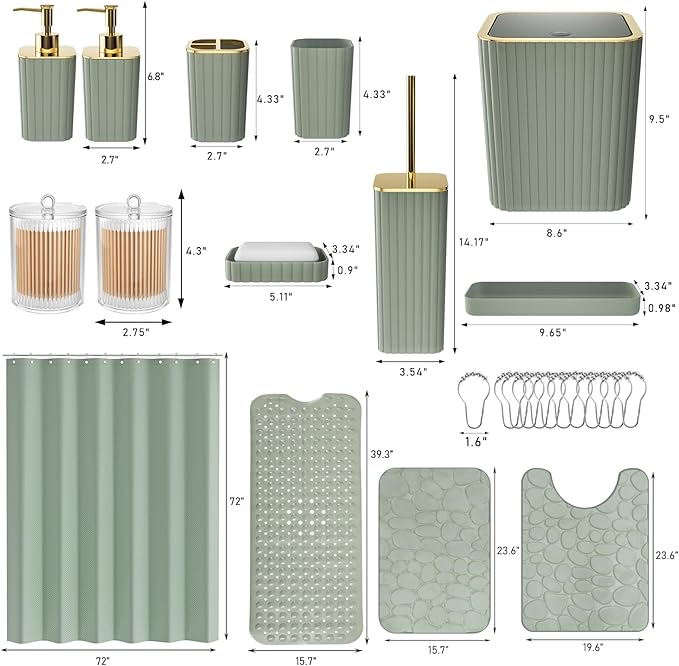XLHOMO 26PC Bathroom Accessories Set - Gorgeous Sage Green Bathroom Set, Bathroom Accessory Set, Shower Curtain Set with Bathtub Mats for Shower Tub, Trash Can & Soap Dispenser