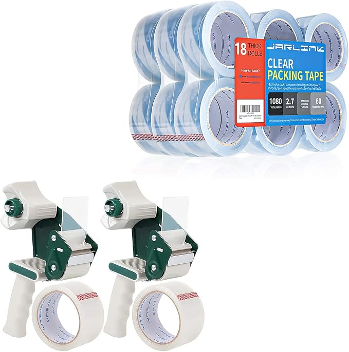 JARLINK 2 Dispenser Guns with 2 Rolls Tape Bundle with Clear Packing Tape (18 Rolls) for Shipping Packaging Moving Sealing