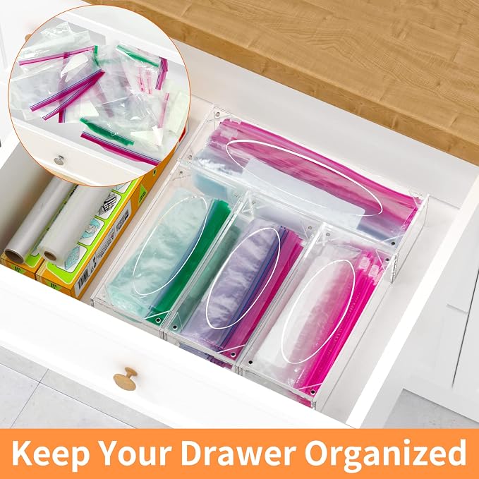 FEMELI Food Bag Storage Organizer Acrylic Kitchen Drawer Baggie Box Clear | 4 Separate Pack Compatible with Gallon, Slider Quart, Freezer, Sandwich, Snack, Variety Size Bags