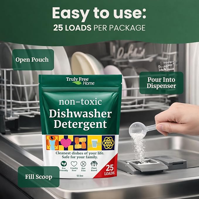 Truly Free Dishwasher Detergent Powder | Natural Dish Detergent, Dishwasher Soap | Plastic Free, Plant-Based, Clean, Heavy Duty Hard Water Stain & Grease Remover | Fragrance Free | 12.5 oz (Pack of 2)