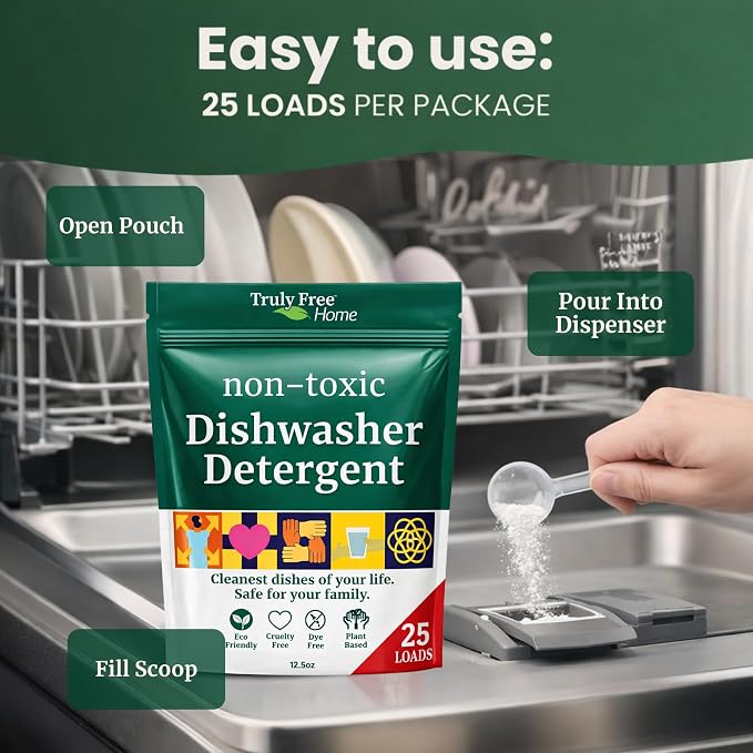 Truly Free Dishwasher Detergent Powder | Natural Dish Detergent, Dishwasher Soap | Plastic Free, Plant-Based, Clean, Heavy Duty Hard Water Stain & Grease Remover | Fragrance Free | 12.5 oz (Pack of 3)