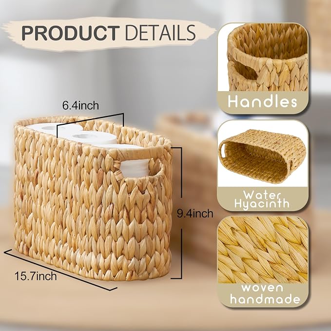 Toilet Paper Storage Basket, Water Hyacinth Wicker Storage Holder for 6 Rolls Toilet Paper with Built-in Handles