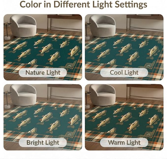 3'x5' Washable Area Rug Cabin Bass Plaid Border Vintage Baits Lure Tackle Fish Fishing Refined Stain Resistant Flatwoven for Entryway, Kitchen, Mudroom