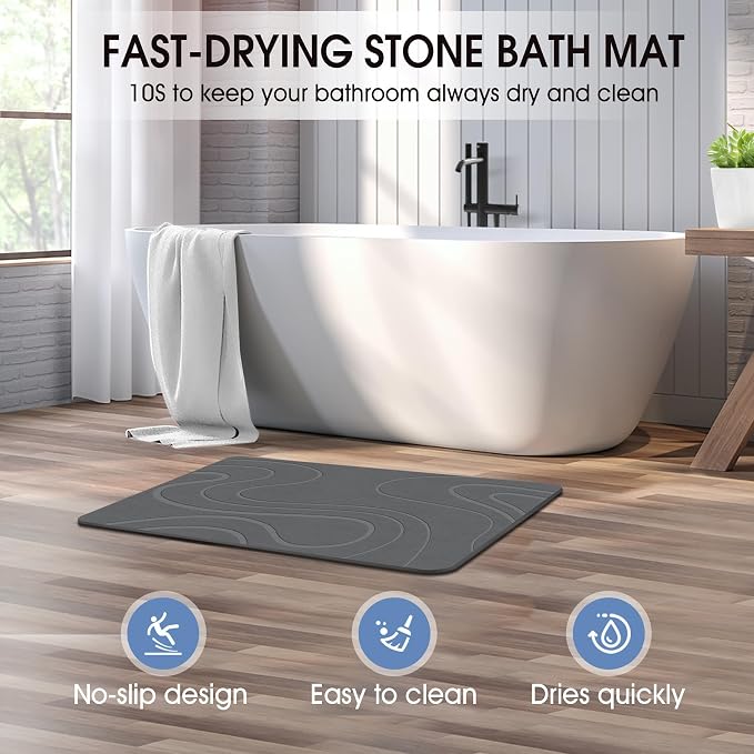 Veeloim Stone Bath Mat Diatomaceous Earth Shower Mat Non-Slip Super Absorbent Diatomite Stone Bath Mats for Bathroom Floor Quick Drying Natural Easy to Clean