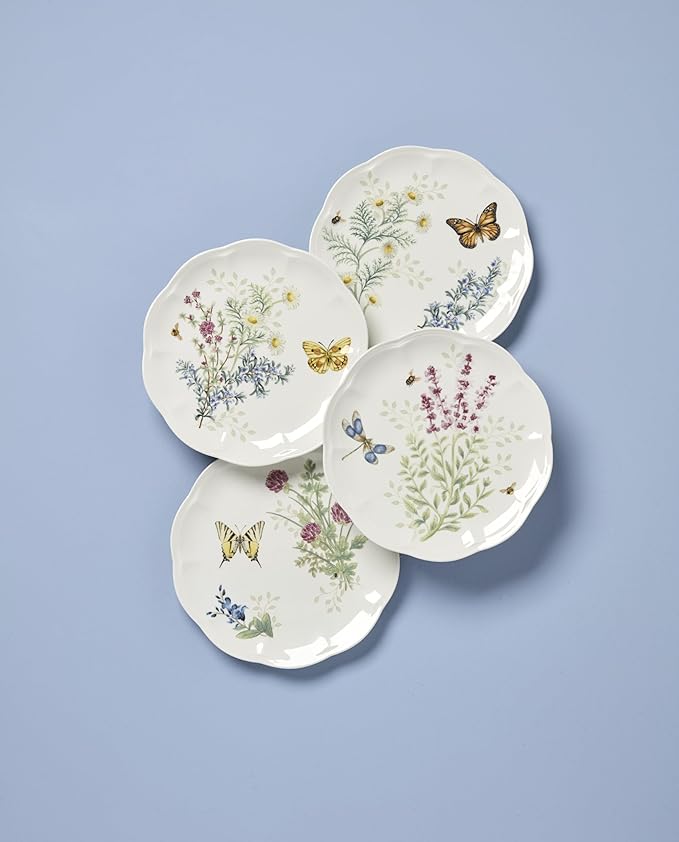 Lenox Butterfly Meadow Herbs Accent Plates, Appetizer Plate Set for 4 | porcelain, dishwasher safe, microwave safe | also great as a dessert plate for salad or bread, salad plates