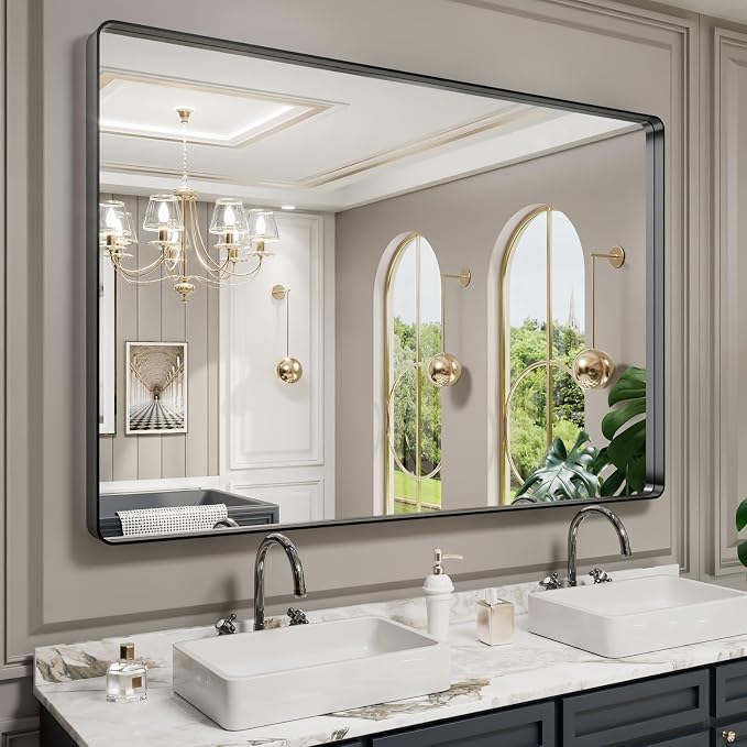LOAAO 60X40 Inch Black Metal Framed Bathroom Mirror for Wall, Matte Black Bathroom Vanity Mirror Farmhouse, Large Rounded Rectangle Mirror, Anti-Rust, Tempered Glass, Hangs Horizontally or Vertically