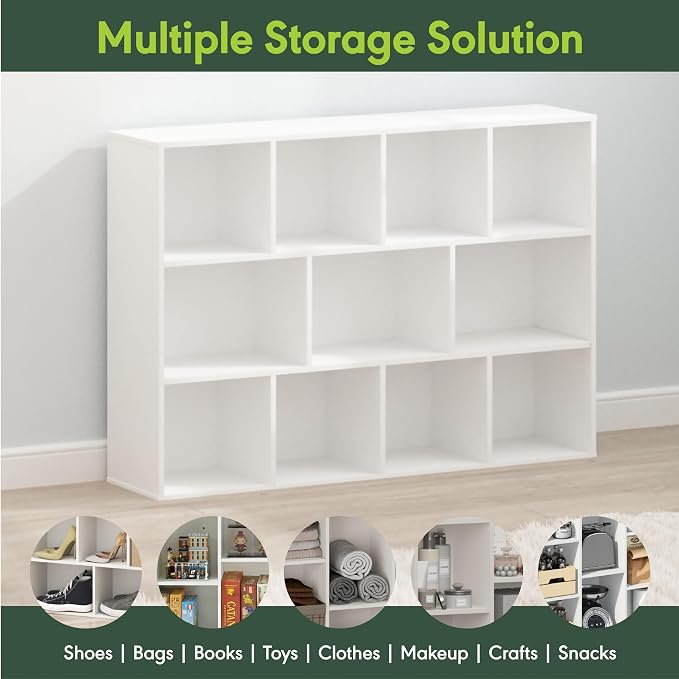 Furinno LUDER Book Shelf, 11-Cube Bookshelf, Reversible Bookcase, 9.4 x 29.1 x 41.7, Easy Assembly, for Living Room, Bedroom, Home Office, White