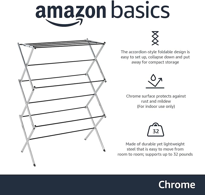 Amazon Basics Foldable Portable Metal Clothes Drying Rack for Indoor Air Drying, Energy Saving, 14.5 x 29.5 x 41.8 inches, Chrome Silver